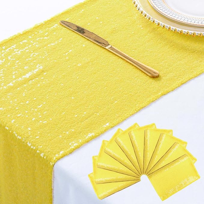 ShinyBeauty Table Runners Pack of 10 Home Decor Sequin Table Runners Yellow 12x108-Inches Wedding Graduation Party Supplies Birthday Table Cloth Baby Shower Table Linen Supplies