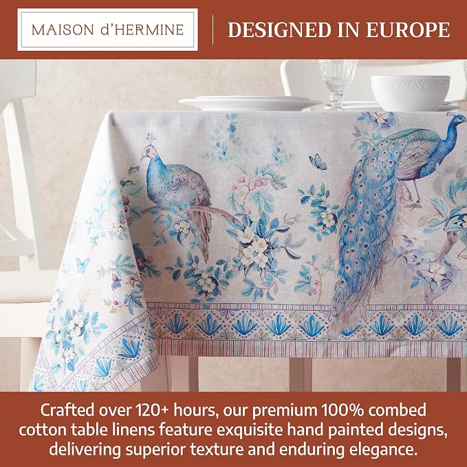 Maison d' Hermine Premium Table Cloth Rectangle Table 100% Combed Cotton 90 x 70 Inches Tablecloth Reusable Decorative for Dining Room, Farmhouse, Party, Festive & Wedding - Peacock Utopia - Orginal