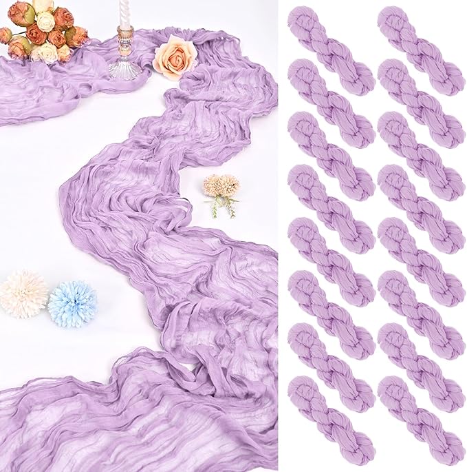 16 Pack 10Ft Cheesecloth Table Runner Lavender, 20 x 120 Inch Rustic Gauze Boho Cheese Cloth Table Runners Wedding Long Table Runner for Wedding Party Bridal Shower Table Decoration