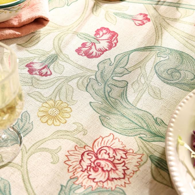 patdrea Vintage French Linen Tablecloth,Rectangular,87"x63"-Cecilia A | Colorful Elegant Table Cloth for Rectangle Table,Floral Vine Patterned,for Dining Room Tea Party Thanksgiving