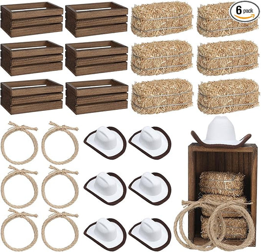 Briwooody 6 Set Western Cowboy Party Centerpieces Decoration Include 6 Pcs Mini Wood Crates 6 Pcs Mini Hay Bales 6 Pcs Mini Cowboy Hat 6 Pcs Twisted Hemp Rope for Western Party Table Centerpieces