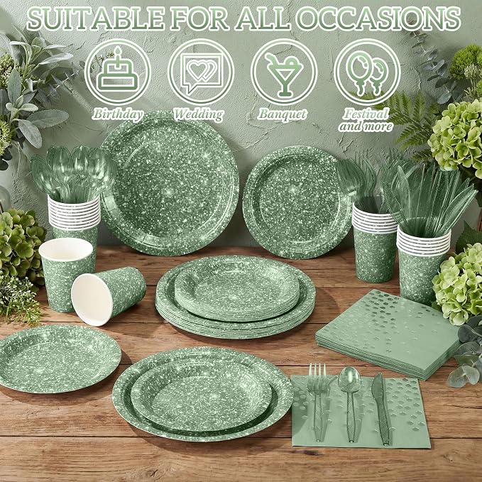 Hushee 175 Pcs 25 Guests Sage Green Paper Party Plates and Cups Napkins Sets Holographic Glitter Disposable Dinnerware Plastic Forks Knives Spoons Birthday Bachelorette Wedding Party Supplies