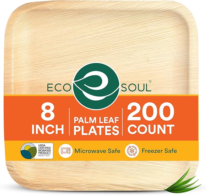 ECO SOUL Palm Leaf Like Bamboo Plates, 8 Inch Square, 200 Pack Bulk Disposable Appetizer & Dessert Tableware, Compostable Biodegradable Natural Wooden Small Party Plates for Wedding, Catering, Events