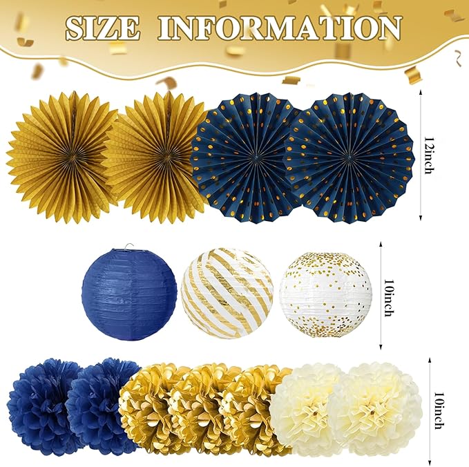 ADLKGG Navy Blue and Gold Party Decorations, 14 Pcs Hanging Paper Fans, Lanterns, Pom Poms, Elegant Backdrop for Class of 2026 Graduation, Nautical Baby Shower, Bachelorette, Men Birthday