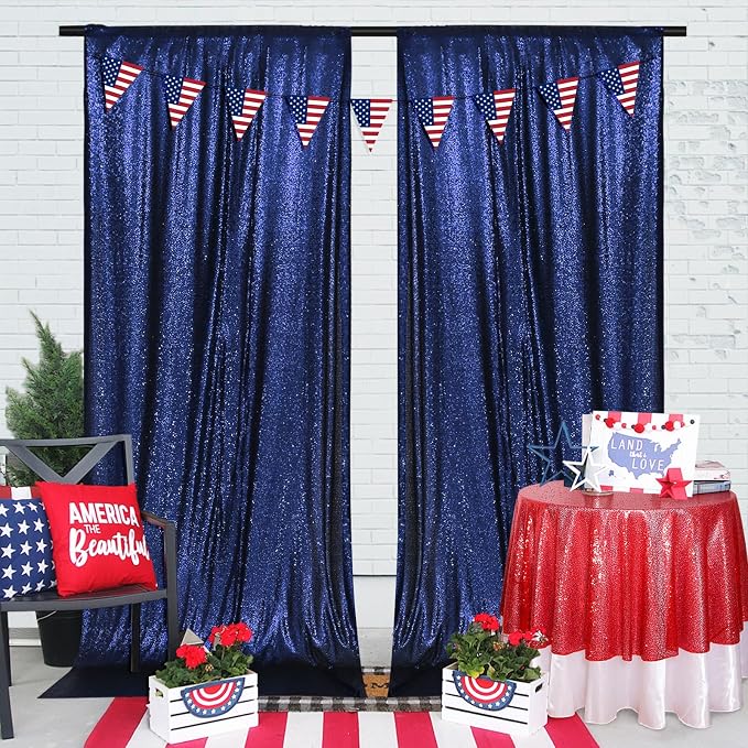 PartyDelight Navy Blue Sequin Backdrop Curtains 5x10ft 2 Panels | 3mm stitched sequin curtain with 4 inch rod pocket for 5x10ft wide reception wall head table stage backdrop and event display