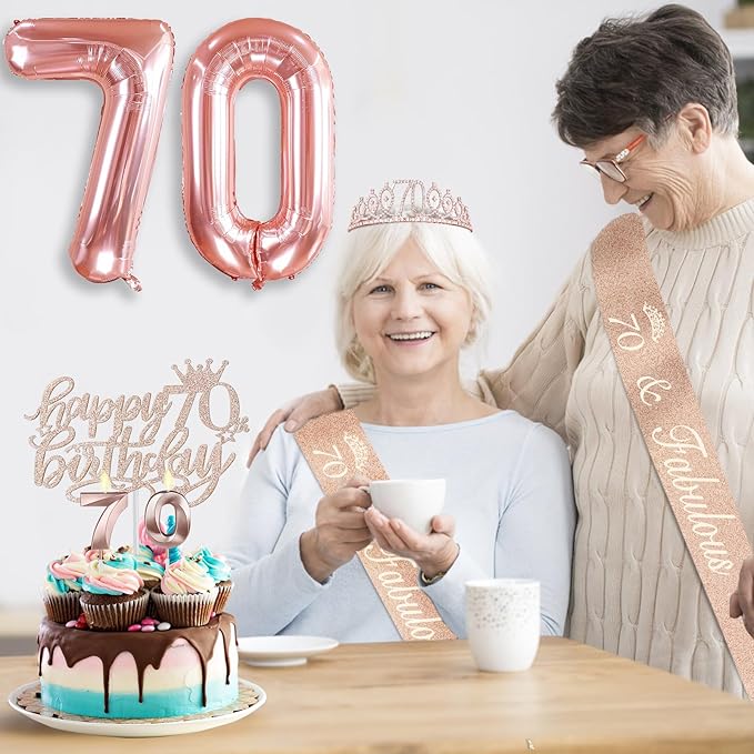 70th Birthday Decorations for Women, Including 70th Birthday Sash and Tiara, Cake Topper and Candles, Number Balloons, 70 Year Old Gifts Women