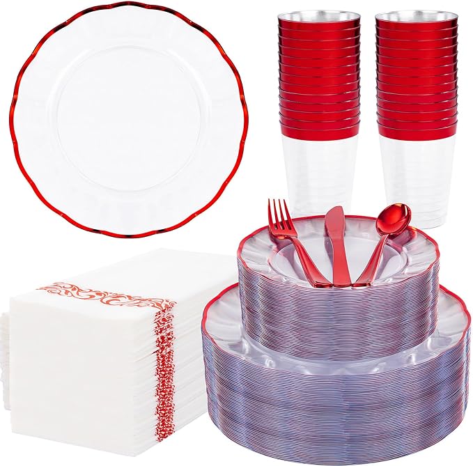 LIYH 350 Pcs Red Plastic Dinnerware Set for 50 Guests, Clear Disposable Plastic Plates with Red Rim Include: Dinner & Dessert Plates, Napkins, Cups, Silverware for Party Birthday