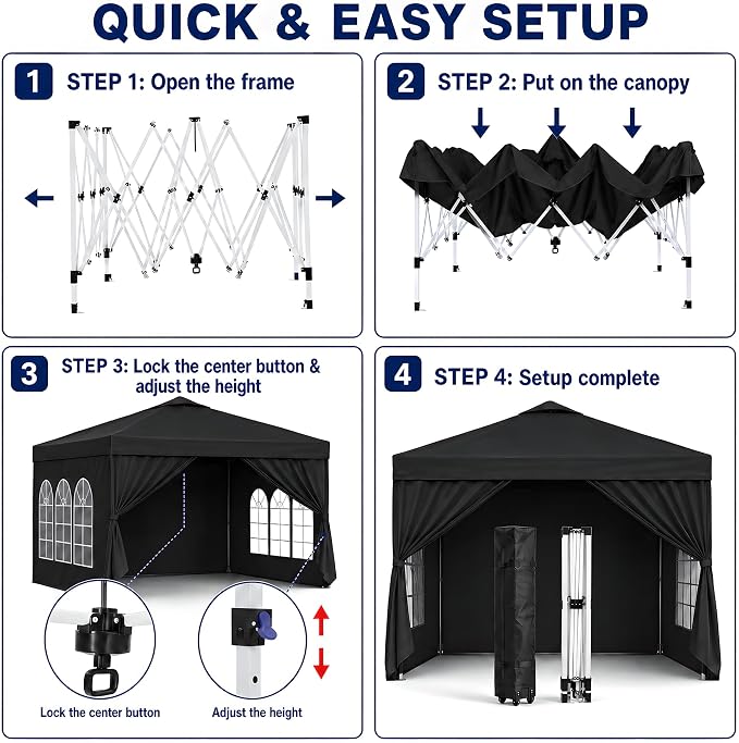 10x10 Pop Up Canopy with Sidewalls- Portable Sun Shade Beach Tent, Gazebo Heavy Duty with Cover Wheeled Bag, Ideal for Parties, Backyard, Camping (Black)