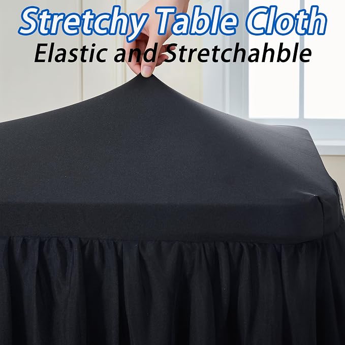 leegleri 4 pk Black Tulle Table Cloths for 8 Foot Rectangle Tables, 2-in-1 Black Table Covers with Tulle Skirt,Wrinkle Free Stretchy Ruffle Tulle Tablecloth Fitted for Wedding Party Banquet Vendor