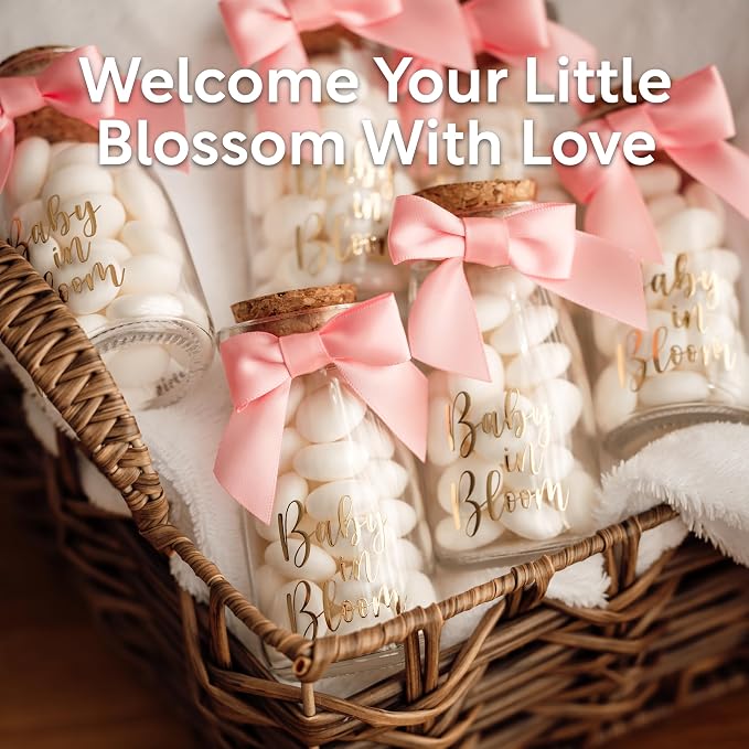 Ethisa Vintage 24 Pack Baby in Bloom Milk Glass Bottles with Ribbons and Stickers - Classy Baby Shower Favors for Guests and Table Centerpieces - Dusty Pink Floral Decorations and Candy Jar Keepsakes