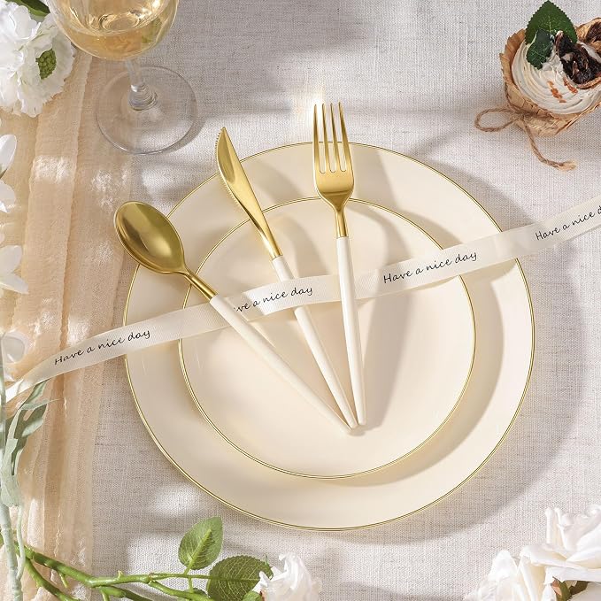 350 PCS lvory Plastic Dinnerware Set, lvory and Gold Rim Disposable Plates for Party, Include 100 lvory Plates with 150 Plastic Cutlery, 50 Napkins and 50 Cups