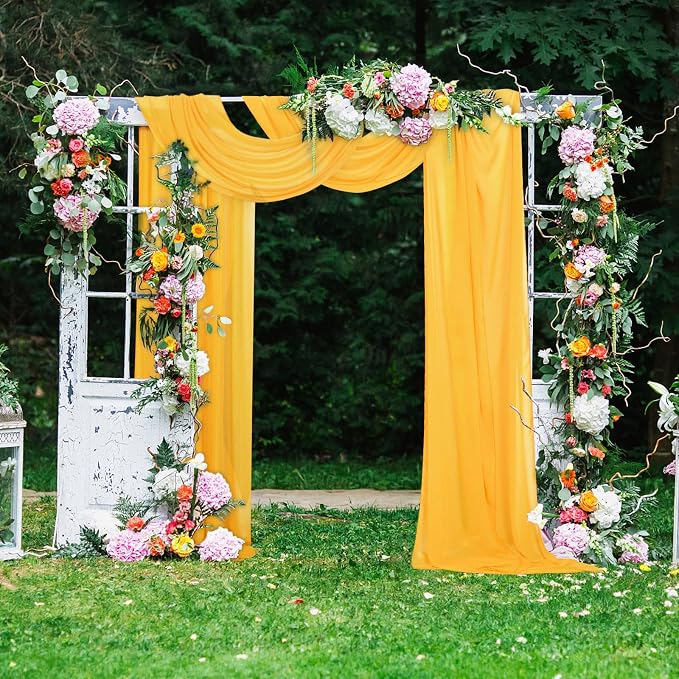 DUOBAO 6 Panels Elegant 5ft x 30ft Gold Chiffon Wedding Ceiling Backdrop Curtains - Sheer Drapes for Stage, Tent, and Photo Backdrops