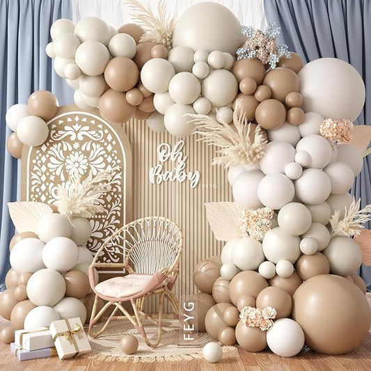 Netural Balloon Garland Arch Kit, Double Stuffed Beige Cream Tan Balloons Garland Blush White Sand Boho Balloon for Netural Baby Shower Gender Reveal Bridal Birthday Wedding Party Decorations