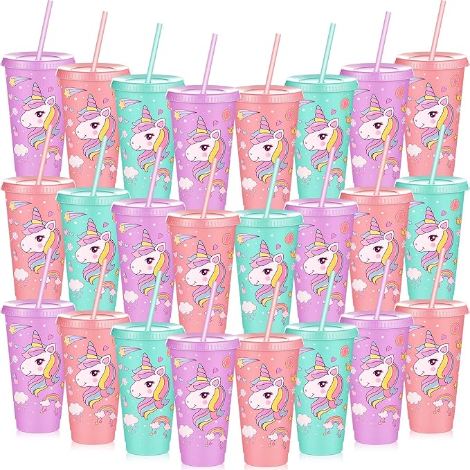 Uiifan 24 Pcs Unicorn Cups Party Favors Goodie Cups Unicorn Birthday Decorations 24 oz Plastic Reusable Tumbler with Lid and Straw Birthday Party Favors Supplies for Girls Boys