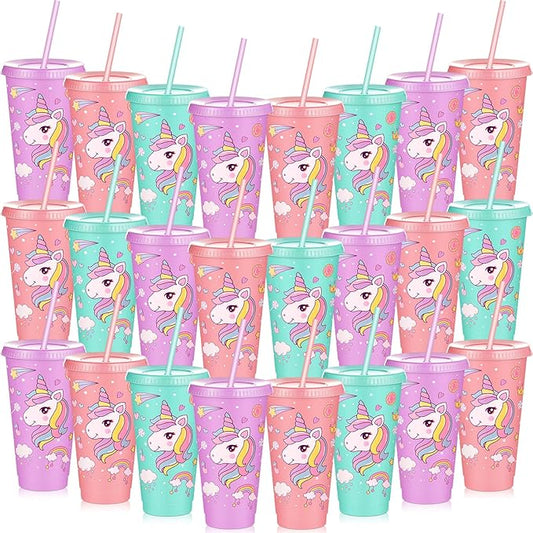 Uiifan 24 Pcs Unicorn Cups Party Favors Goodie Cups Unicorn Birthday Decorations 24 oz Plastic Reusable Tumbler with Lid and Straw Birthday Party Favors Supplies for Girls Boys