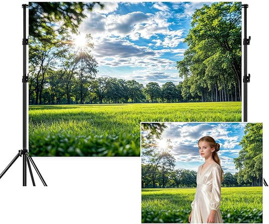 Forest Lawn Backdrop,Park Scenery Backdrop,Tree Sky Cloud Photography Background,Outdoor Party Decorations,Picnic Camping Hiking Banner,Countryside Field Shooting Decor Props,10X8FT