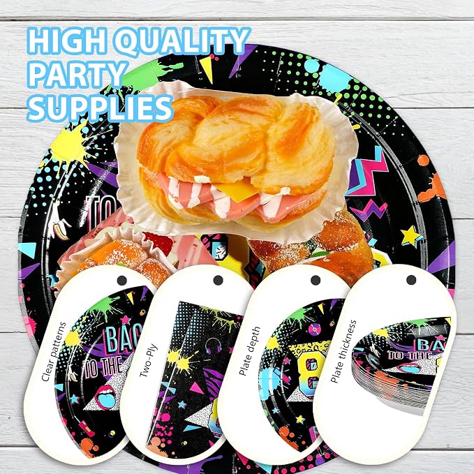 168 Pcs 80s Party Decorations Back to The 80s Plates Napkins Cups Forks Knives Spoons Retro Neon Hip Hop Tableware Set for 80's Theme Music Colorful Birthday Party Supplies Serves 24