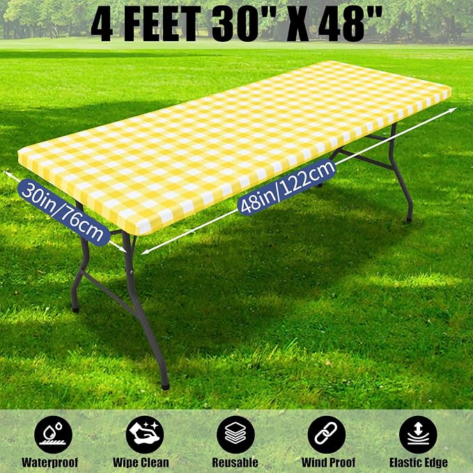 Smiry Picnic Table Cloth 4 Pack, Waterproof Elastic Fitted Tablecloths for 4FT Rectangle Tables, Washable Polyester Buffalo Plaid Tablecloth for Camping, Dining & Outdoor (Yellow & White, 30" x 48")