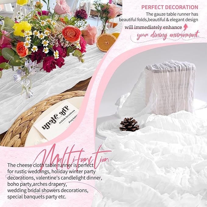 1 Pack Cheesecloth Table Runner 10FT White Table Runner Boho Gauze Cheese Cloth Table Runners Long Rustic Sheer Table Decorations for Wedding Party Baby Bridal Shower Birthday Holiday Home