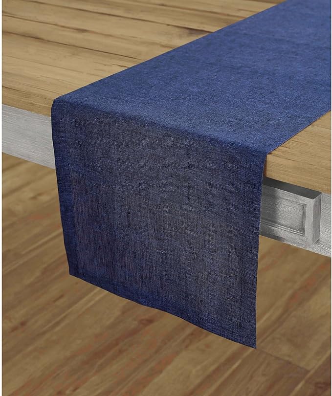 Solino Home Linen Chambray Navy Table Runner 120 Inches Long - Athena, 100% Pure Linen Dining Table Runner 14 x 120 Inch for Spring, Summer, Mothers Day, Memorial Day