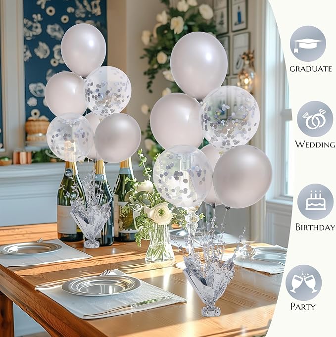 2 Set Silver Balloon Centerpieces for Tables Silver Balloons Stand Kit for Birthday Party Baby Shower Wedding Bridal Shower Retirement Engagement Graduation Prom Table Decorations