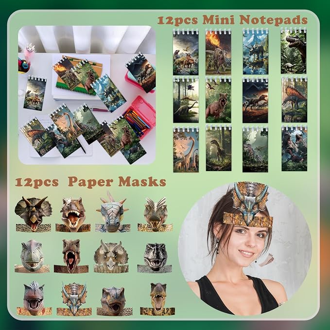 122 PCS Realistic Dinosaur Party Favors, Forest Dinosaur Birthday Decorations, Prehistoric Dinosaur Notebook, Slap Bracelets, Dinosaur Stickers, Paper Headbands, Badge, Keychains, Dinosaur Tattoos