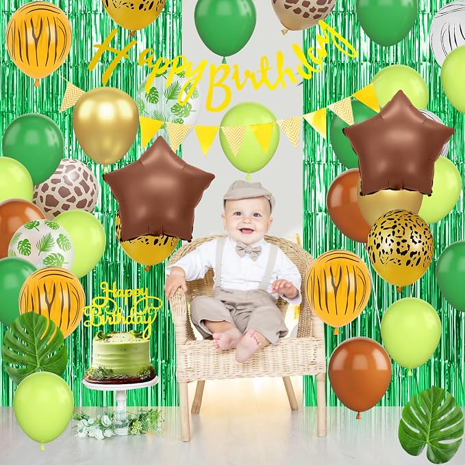 Jungle Safari Birthday Decorations for Boys, Green Brown Animal Print Latex Balloons with Happy Birthday Banner Cake Topper Fringe Curtain Palm Leaves for Kids Woodland Themed Party Decor