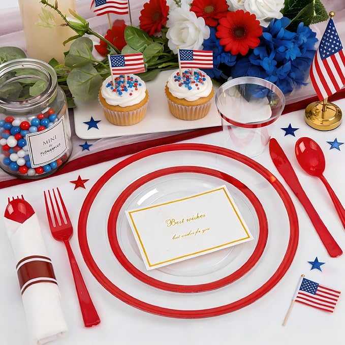 Liacere 350PCS Clear and Red Plastic Plates and Napkins for 50Guests Plastic Dinnerware Set-100 Red Disposable Plates 50 Pre Rolled Silverware Set,50 Cups for Party & Wedding & Labor Day