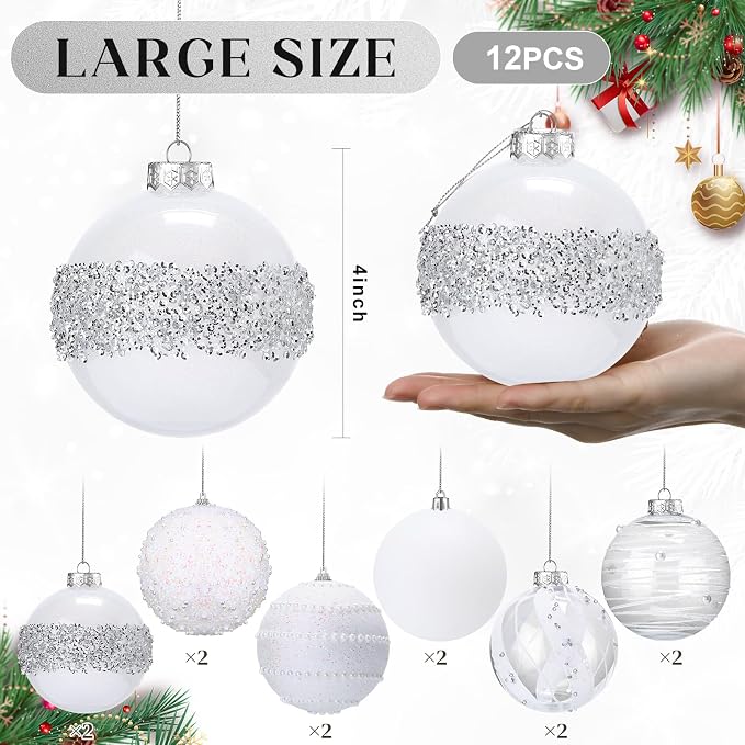 Lyrow 12 Pcs 4 inch Christmas Balls Ornaments Glitter Shatterproof Christmas Decorations Tree Balls Sparkly Holiday Ornaments Bulk for Xmas Trees(White, Silver)