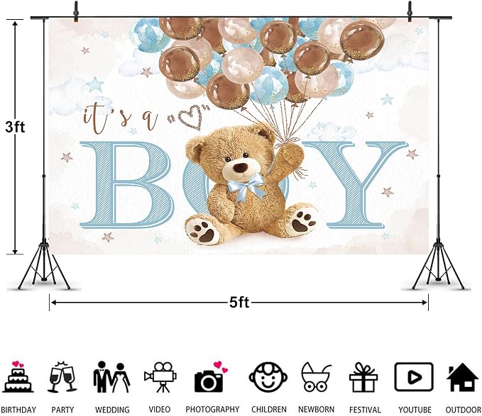 Boys Bear Baby Shower Backdrop 5Wx3H Feet It's a Boy Lovely Cute Blue Brown Watercolor Cartoon Balloons Polyester Fabric Kids Newborn Photography Backgrounds Photo Shoot Decor Props Decoration