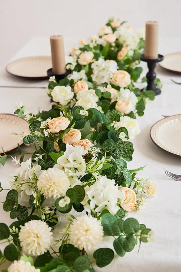 MISSPIN 5.9Ft Eucalyptus Garland with Flowers, Artificial Fake Flower Greenery Spring Garland for Baby Shower Wedding Mantle Table Centerpiece Spring Decor
