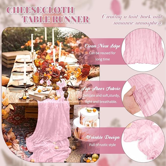 24 Pack Cheesecloth Table Runner,Light Pink Table Runner Long Romantic Semi Sheer Rustic Boho Gauze Table Runners for Wedding Bridal Shower Birthday Party Decorations(17.7×108 Inch)