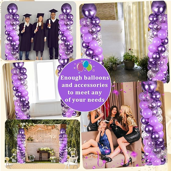 2 Sets Purple Balloon Column Stand Kit with 100 Balloons Lavender Adjustable Balloon Tower Stand with Bases for Floor Purple Confetti Balloon Column Kit for Christmas Birthday Holiday New Year