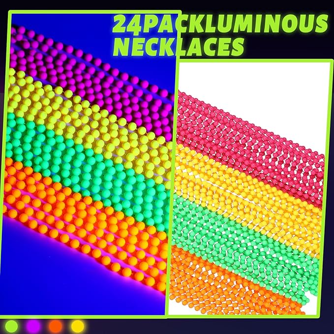 Ecally 48 Pieces Neon Beads Necklaces 33" Glow in The Dark UV Neon Bead Necklaces Glow Party Supplies 80s UV Black Light Accessories Bulk for Birthday Decorations Wedding Mardi Gras Party
