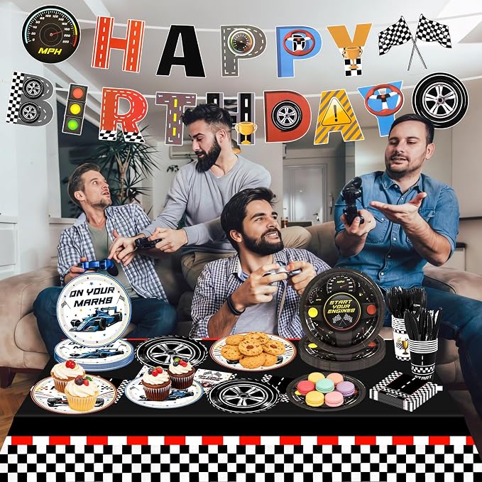 Race Car Party Decorations,182pcs Racing Themed Birthday Party Supplies Includes Banner,Tablecloths,Plates and Napkins,Tableware Set,for Boys Birthday Decorations,Serves 30