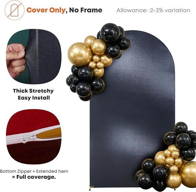 Shimmer Black Arch Backdrop Cover 7.2FT with Zipper,Thick Soft Stretchy Sequin Glitter Spandex Fitted Chiara Cover for Wedding Birthday Baby Shower Graduation Party Photo Backdrop