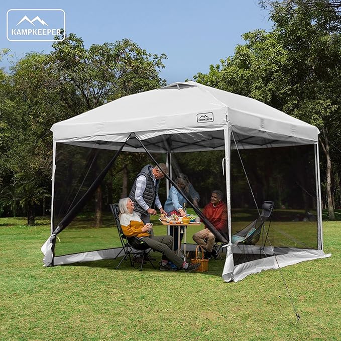 KAMPKEEPER 10x10 Pop-Up Canopy Tent, Waterproof Portable Shade with Screen Walls, Adjustable Instant Outdoor Shelter for Camping, Backyard, and Events, White