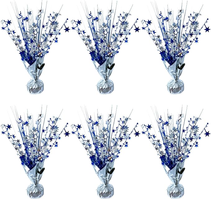 FUBININA 6 Pack Metallic Foil Spray Centerpiece Star Table Decoration Burst Table Centerpieces for Birthday Wedding Anniversary Graduation Holiday Party Supplies Decor, Silver Blue
