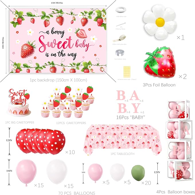 96Pcs Strawberry Baby Shower Decorations for Girl, Berry Sweet Theme Party Supplies with 4 Baby Boxes, 5x3ft Backdrop, Red Pink Balloon Garland Arch & Tablecloth for Summer Fruit Decor