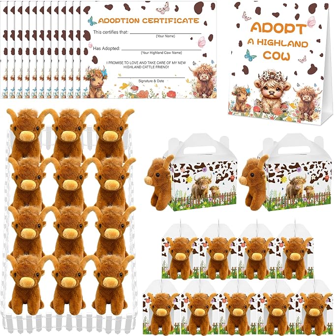 38 Pcs Adopt a Highland Cow Plush Party Favors Include 12 Highland Cows Stuffed Animal 12 Adoption Card 12 Cattle Theme Boxes 1 Adoption Sign 1 Fence for Birthday Party Favors Stress Relief Gifts