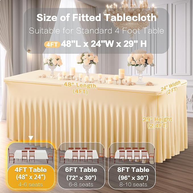 Shillance 2 Packs Champagne Spandex Table Clothes for 4 Foot Rectangle Table, Spandex Table Covers 4FT Stretch Table Skirts Wrinkle Free Fitted Table Cloth for Event, Wedding, Banquet & Parties