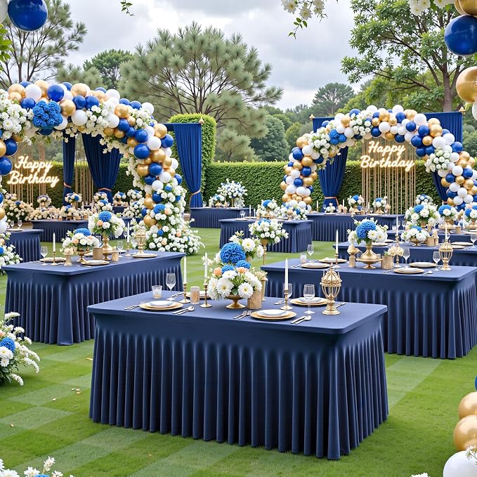 4 Pack 8ft Navy Blue Spandex Table Cloths for Rectangle Tables Wrinkle Free Rectangle Tablecloths, Stretch Fitted Table Cover with Skirt for Birthday Party Wedding Banquet Baby Shower Buffet Event