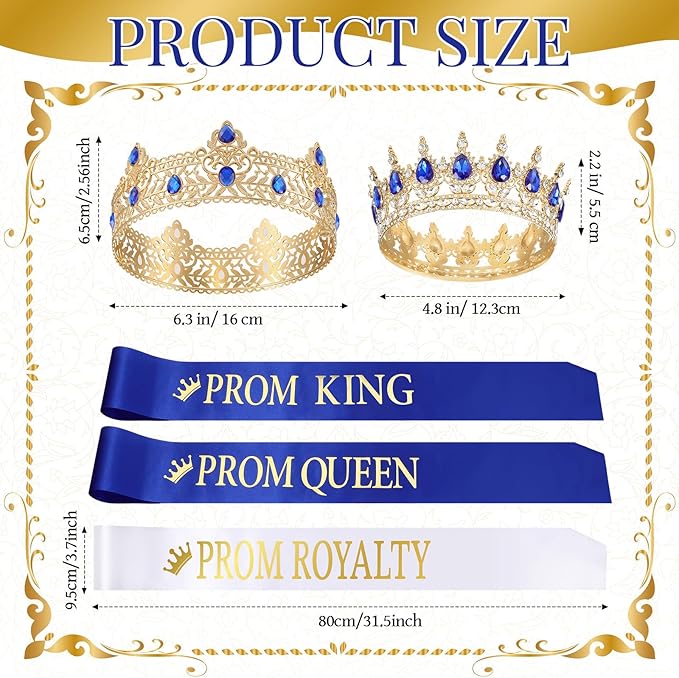 Saintrygo 12 Pcs Prom Crown and Sash Set, Prom King and Queen Tiara Rhinestone Crown Glitter Court Royal Satin Sash for 2026 Graduation Ball Dance Night Party Birthday Accessory(Blue,Elegant)