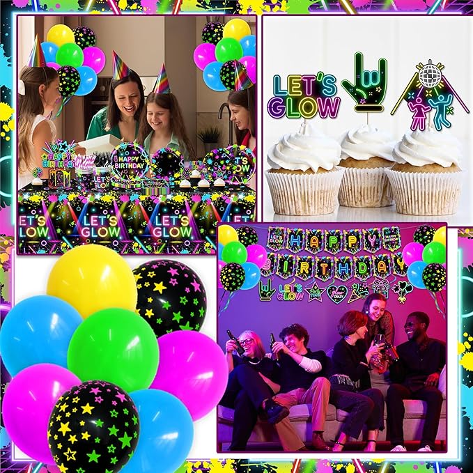 Neon Party Supplies Serves 24,Glow in The Dark Themed Tableware Including Plates,Napkins,Banner,Tablecloths Neon Birthday Party Decorations for Let's Glow Baby Shower Birthday Favors