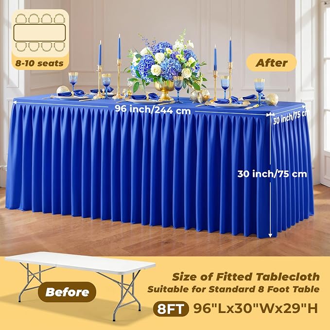 Royal Blue Polyester Table Cloths for Rectangle 8 Foot Tables, 2 Pack Wrinkle Free Tablecloths Stretchy Banquet Ruffle Fitted Table Cover Desk Skirt for Parties Wedding Birthday Baby Shower