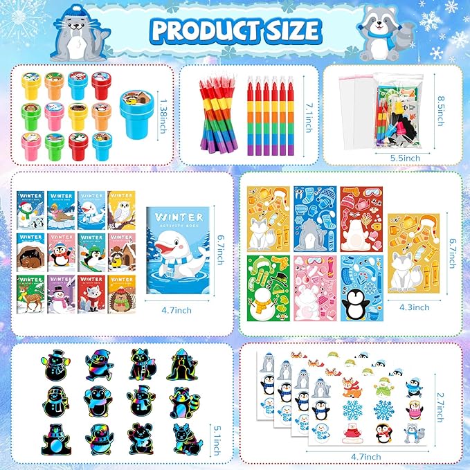BenLouis Winter Party Favors Set Holiday Themed Coloring Book Classroom Gift Prizes Bulk for Students Kids Christmas Frozen Birthday Goodie Bag Stuffers Pinata Filler (12Set Animals)