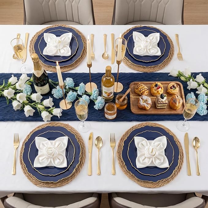 WDF 100pcs Blue Plastic Plates - Baroque Blue&Gold Disposable Plates for Parties/Wedding-50Plastic Dinner Plates 10.25in, 50Salad Plates 7.5in for Party/Birthday/Wedding/Graduation