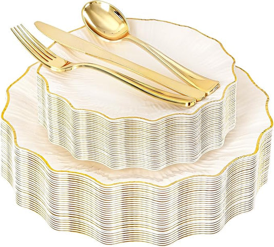 U-QE 150PCS Ivory and Gold Plastic Plates with Gold Disposable Silverware for 30 Guests, Vintage Ivory Plastic Plates Include 30 Dinner Plate,30 Dessert Plate,90 Cutlery for Bridal Shower, Party