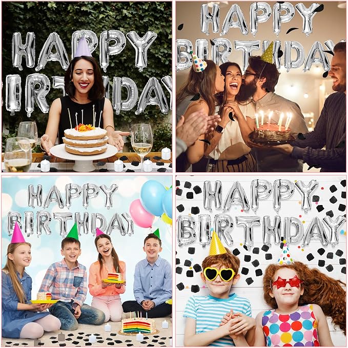 Black and Silver Happy Birthday Balloons Decorations Happy Birthday Letter Balloons Banner with 24pcs Flameless LED Candles and 2000pcs Artificial Rose Petals for Women Men Room Party Decor