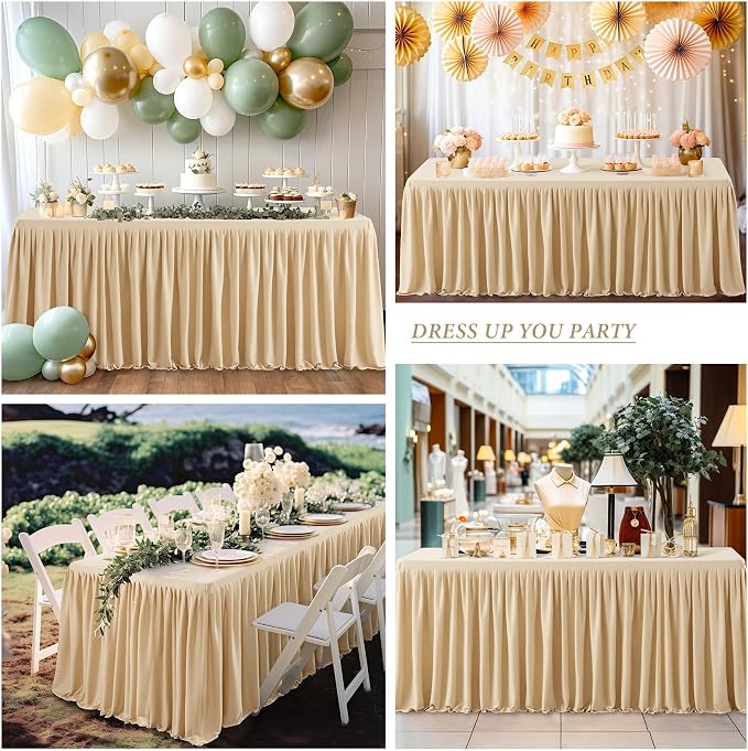 1 Pack Dark Champagne Tablecloths for Rectangle Tables 8ft, Wrinkle Resistant Champagne Table Cover Fitted Stretch Table Cloth with Pleated Ruffle Skirts for Party Banquet Dining Birthday Wedding